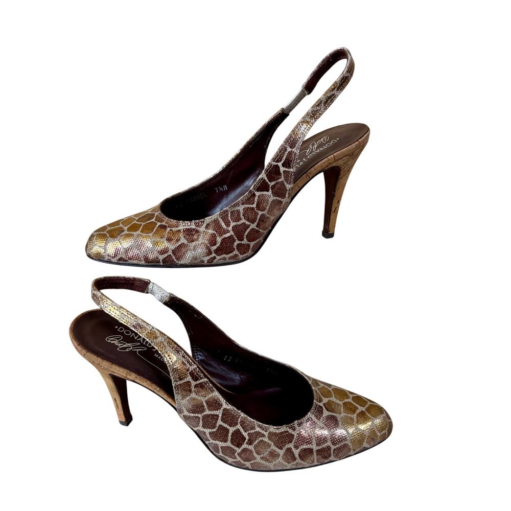 Donald Pliner Bronze Metallic Linen Gator Silver Cork Pump Shoe New $275 NIB 7.5
